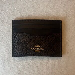 Coach Black/Brown Signature Card Holder with Gold Tone Logo